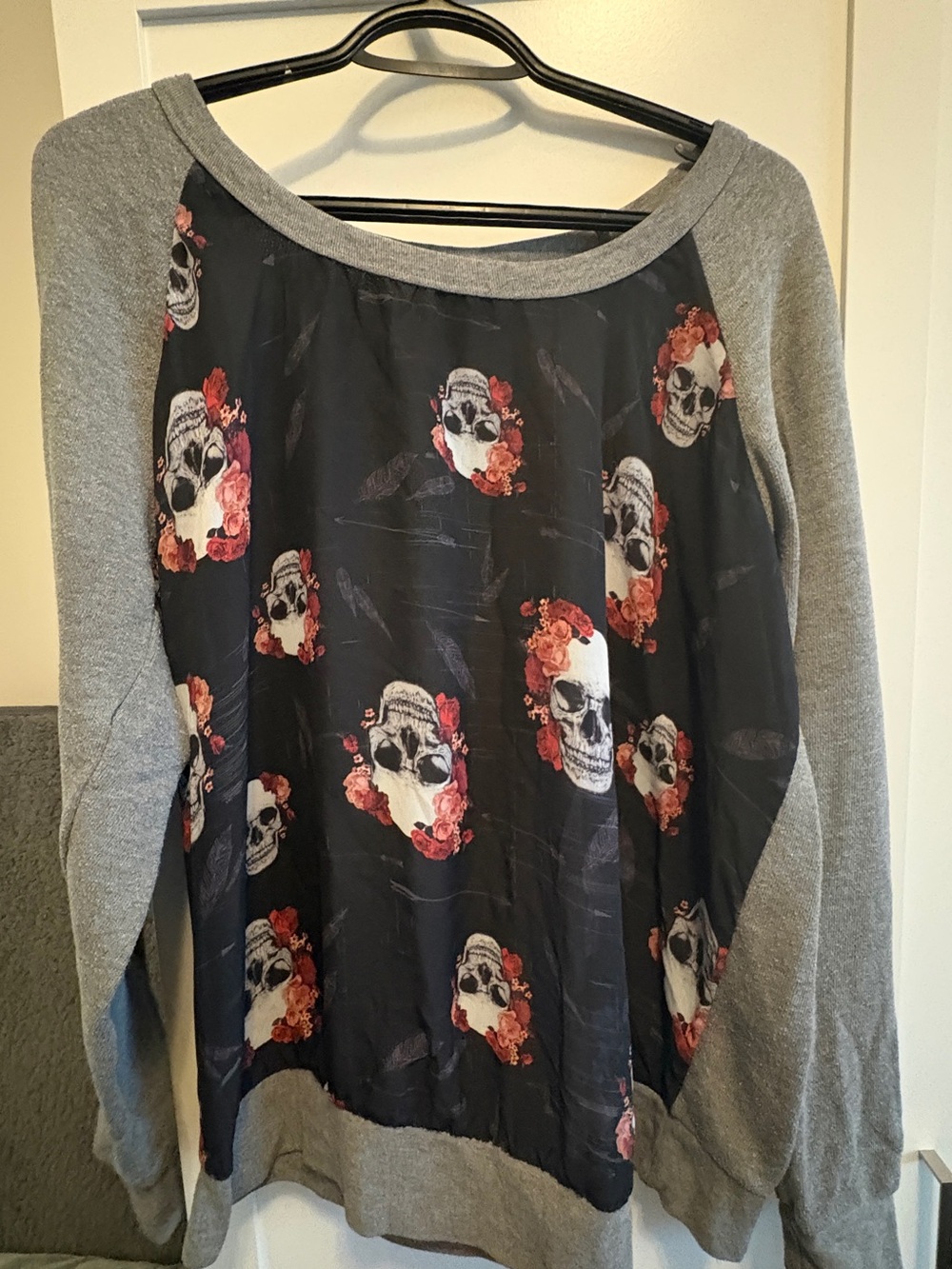 torrid Black & Gray Raglan Pullover with Floral Skull Print sheer front